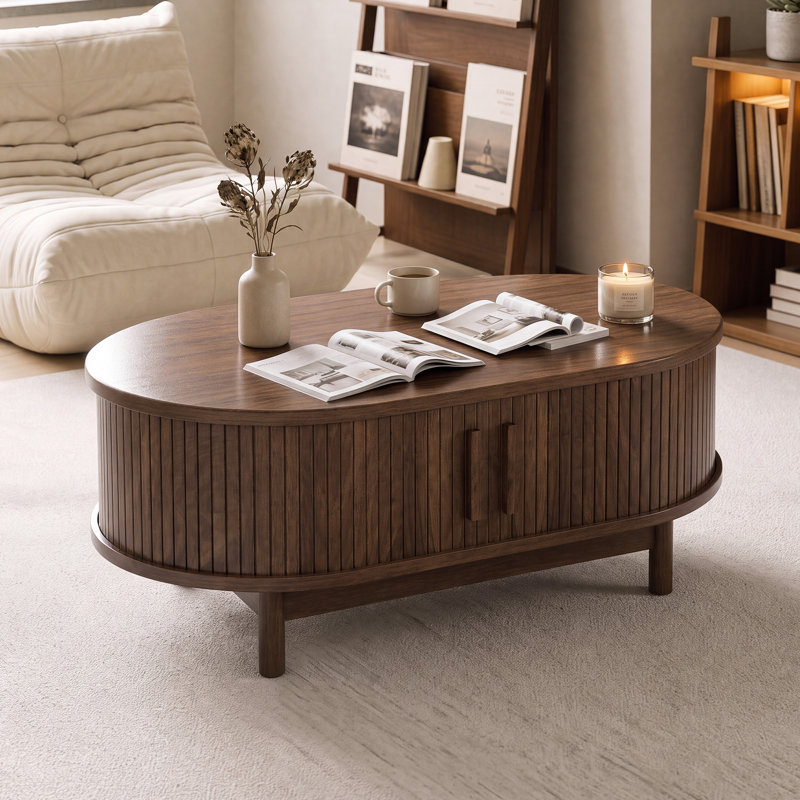 Table basse Mid-Century moderne cannelée en noyer de 39,4 po avec rangement et poignées en laiton, Noyer