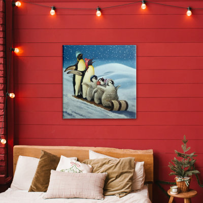 Sleigh Ride Snowy Penguins Canvas, design by Lucia Heffernan
