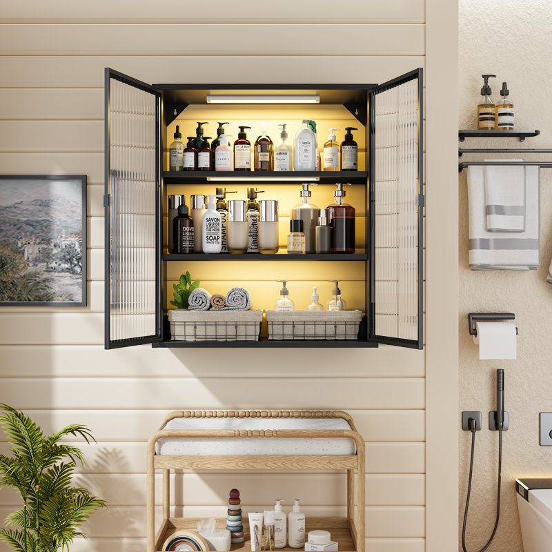 Medicine Cabinet with Fluted Glass Doors, Over Toilet Storage Cabinet with Sensor Light, Bathroom Wall Mounted Metal Organizer for Bathroom and Kitchen (Black)