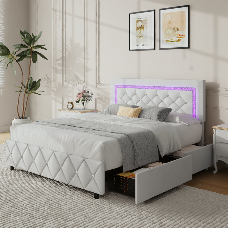 Alber Upholstered Platform Bed Frame with LED Lights & Storage Drawers - Diamond Tufted Headboard & Footboard, Modern Bedroom Furniture
