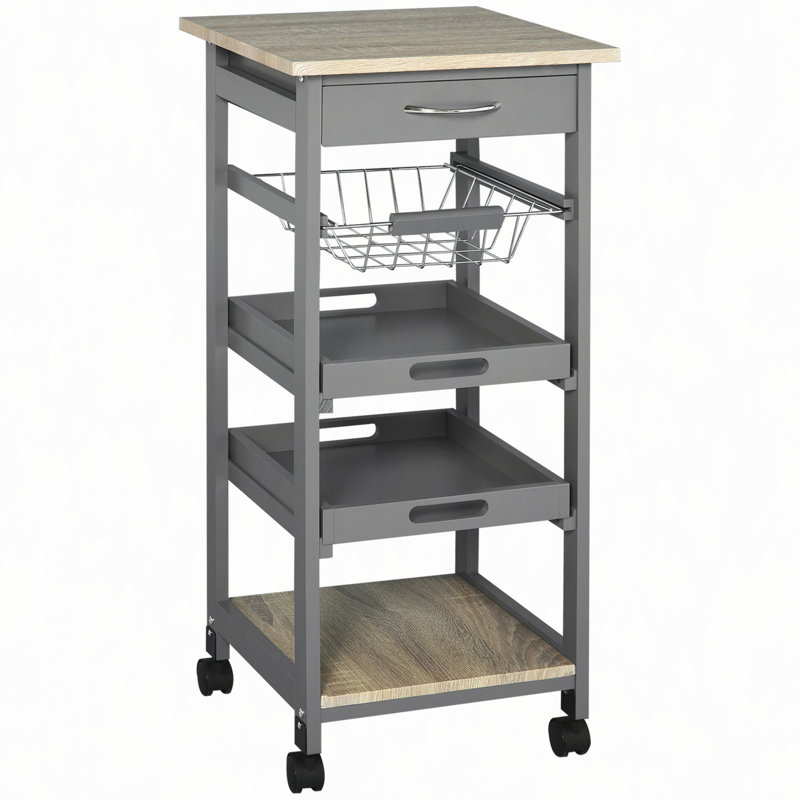 Mobile Rolling Kitchen Island Trolley Serving Cart with Underneath Drawer & Slide-Out Wire Storage Basket