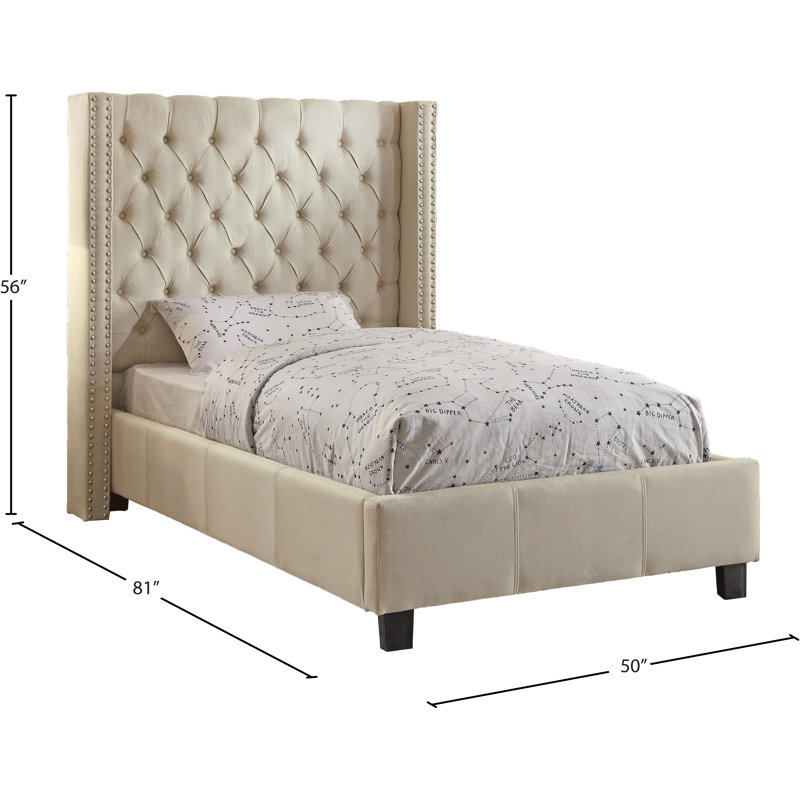 Upholstered Wingback Bed, Beige Linen Textured Fabric, Twin