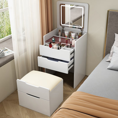 Meuble-lavabo 3 en 1 avec miroir à plateau rabattable, petit ensemble de coiffeuse avec dessus en verre visible