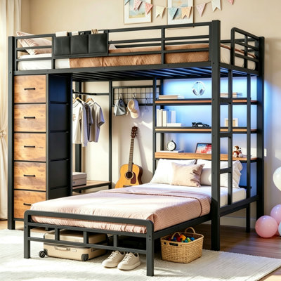 Lit superposé avec porte-manteau de rangement / portemanteau, 5 tiroirs et bibliothèque à DEL