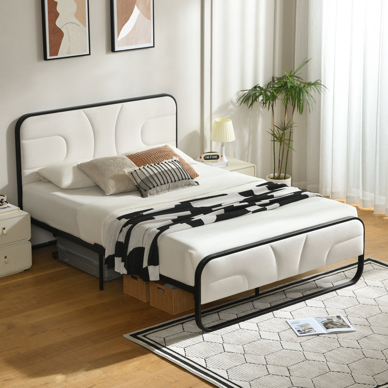 Nelsie Upholstered Platform Bed with Velvet Tufted Headboard,White Fabric,Black Frame, Full, White