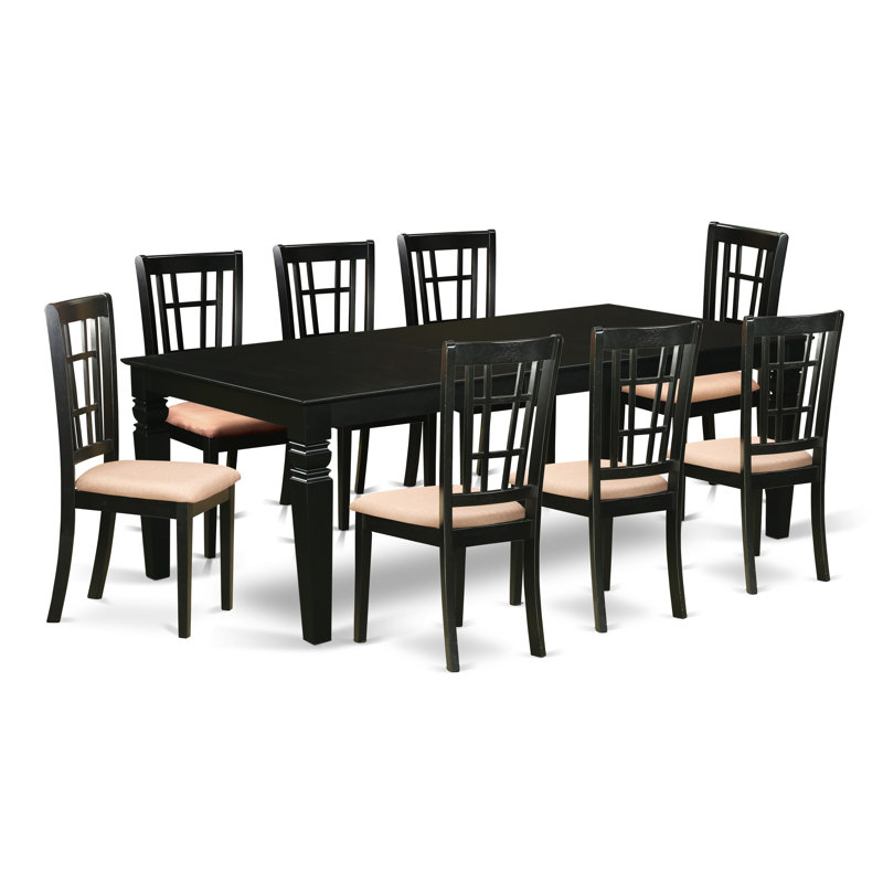 9 Piece Dining Room Furniture Set Includes a Rectangle Kitchen Table with Butterfly Leaf and 8 Linen Fabric Chairs, Black