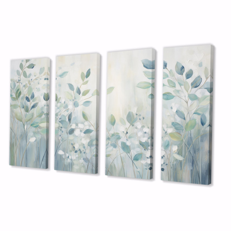 «Blue Botanical Rhythms IV», reproduction d'art sur toile abstraite - 4 panneaux
