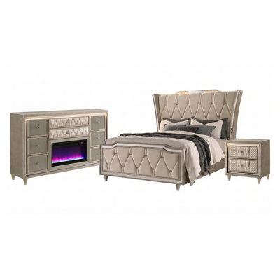 Ensemble de chambre à coucher 3 pièces Provence ivoire et camel (lit queen) avec lit en velours capitonné, commode à éclairage DEL et table de chevet
