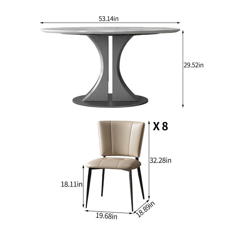 Ensemble de table de salle à manger moderne et simple en faux marbre, H 29,52 po x L 53,14 po x l 53,14 po, 9