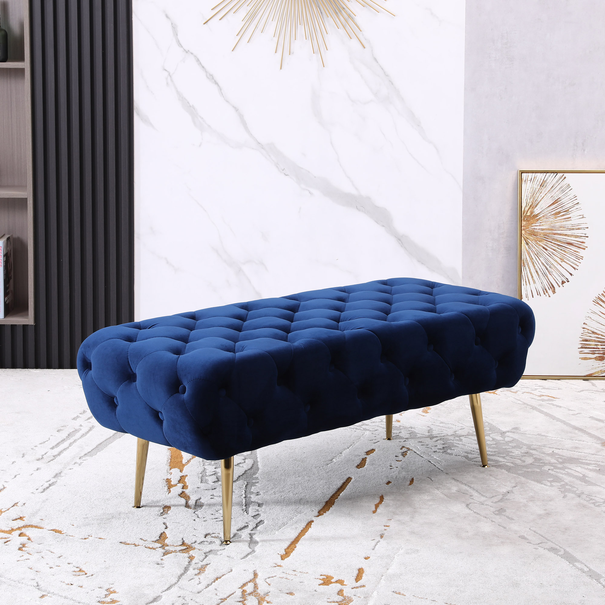 Mercer41 Sira Velvet Button Tufted Bench With Gold Metal Legs - Wayfair ...