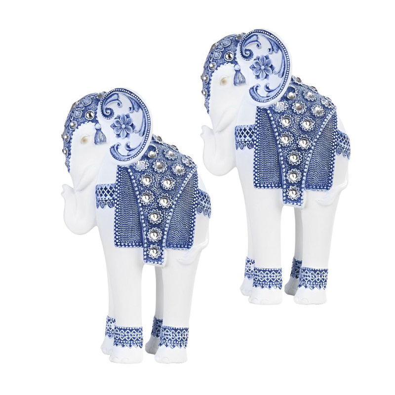 «2-PC Set» ICE ARMOUR Éléphant debout à pattes longues de 9 po de haut avec joyau décoratif Éléphant en bleu et blanc