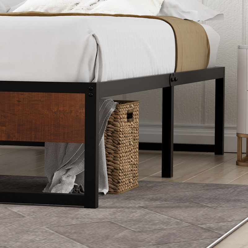 17 Stories Twin Size Platform Bed Frame, 14 Inch Metal Bed Frame For Storage, Mattress Foundation With Rustic Wood, No Box Spring Needed, Easy Assembly, Wood Slats