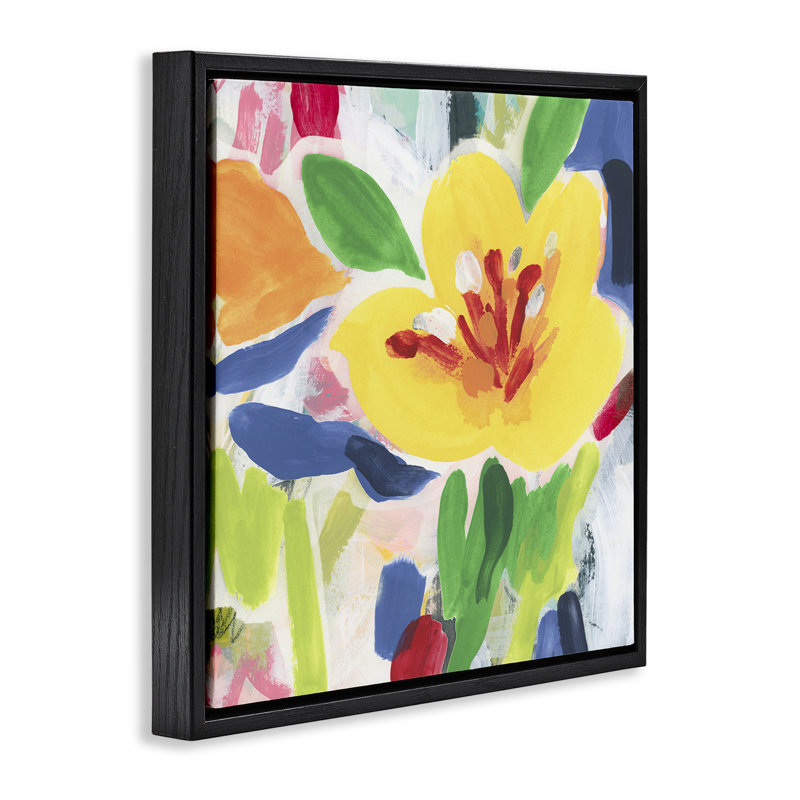 Cadre flottant jaune vif avec fleurs, conception de June Erica Vess, H 18 po x l 18 po, Cadre flottant noir de jais