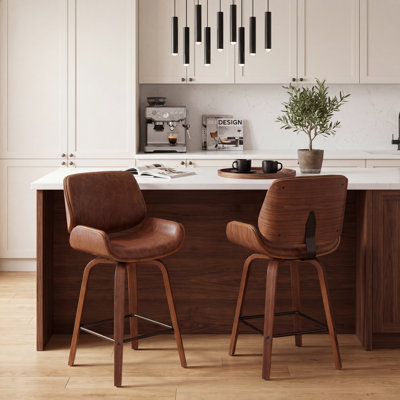 Mid-Century Modern Bentwood Swivel Counter Stool with Leather Upholstered Seat Walnut Finish Metal Footrest