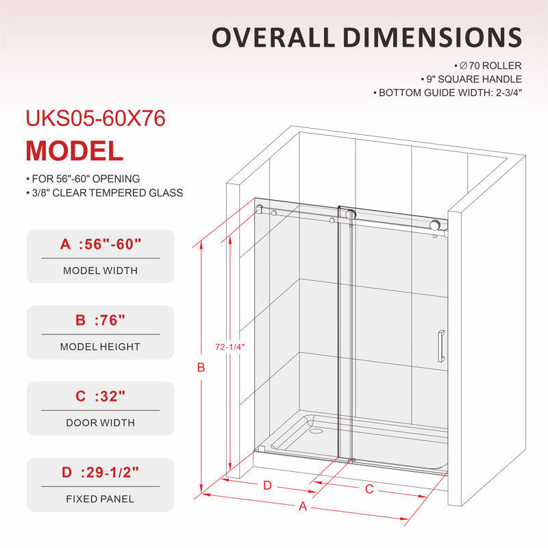 UKS05 56 in. to 60 in. x 76 in. H Frameless Sliding Shower Door in Chrome with 3/8 in. (10mm) Clear Glass, Chrome