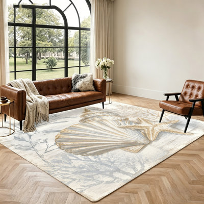 Tapis de plage à motif coquillages et étoiles de mer, tapis de sol sur le thème de l'océan et du littoral, tapis artistique pour salon, tapis d'intérieur résistant pour chambre, bureau, terrasse et accessoires de décoration