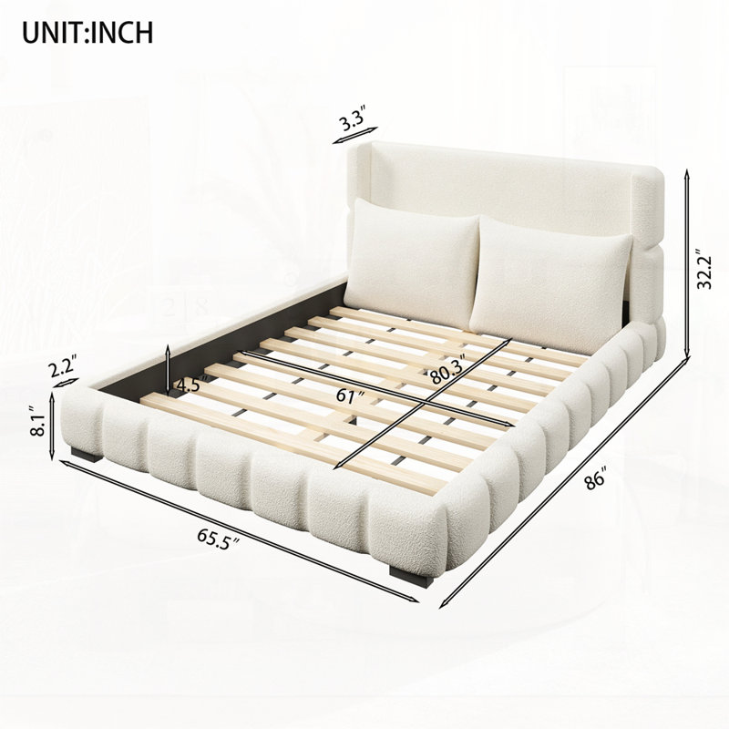 Lit plateforme tapissier avec 2 coussins, Blanc, Grand lit