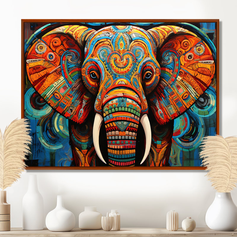 Elephant Tribal Majesty - Print on Canvas, 16" H x 32" W x 1" D, Brown Floater Framed