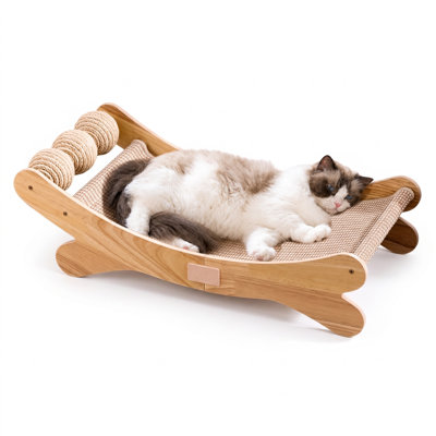 Interactive Bone‑Shaped Cat Scratching Board, Wooden Cat Lounge Bed with Sisal Rolling Ball Toys, Durable Sisal Scratching Surface for Claw Care and Daily Relaxation