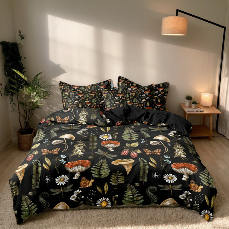 Forest Mushroom Botanical Microfiber Duvet Cover Set with Pillowcases, Digital Print Woodland Fungi and Ferns Front on Black with Solid Black Back, Reversible Bedding, Twin Full Queen King, Comforter and Pillow Inserts Not Included