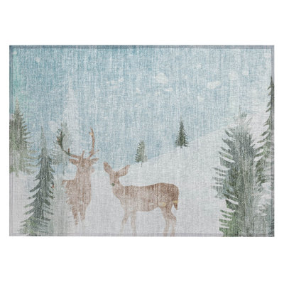 Machine Washable Indoor/Outdoor Christmas Reindeers Xhevrie Sky Rug