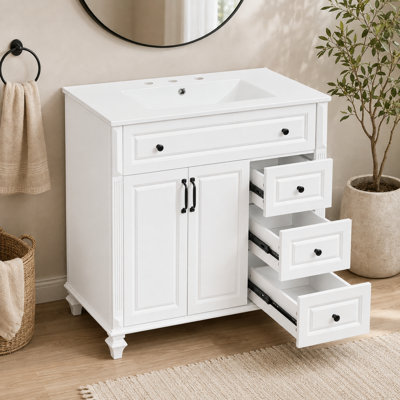 Meuble-lavabo autoportant de 92 cm (36,18 pouces), en bois massif blanc, avec lavabo, tiroir rabattable, 3 tiroirs et 2 portes.