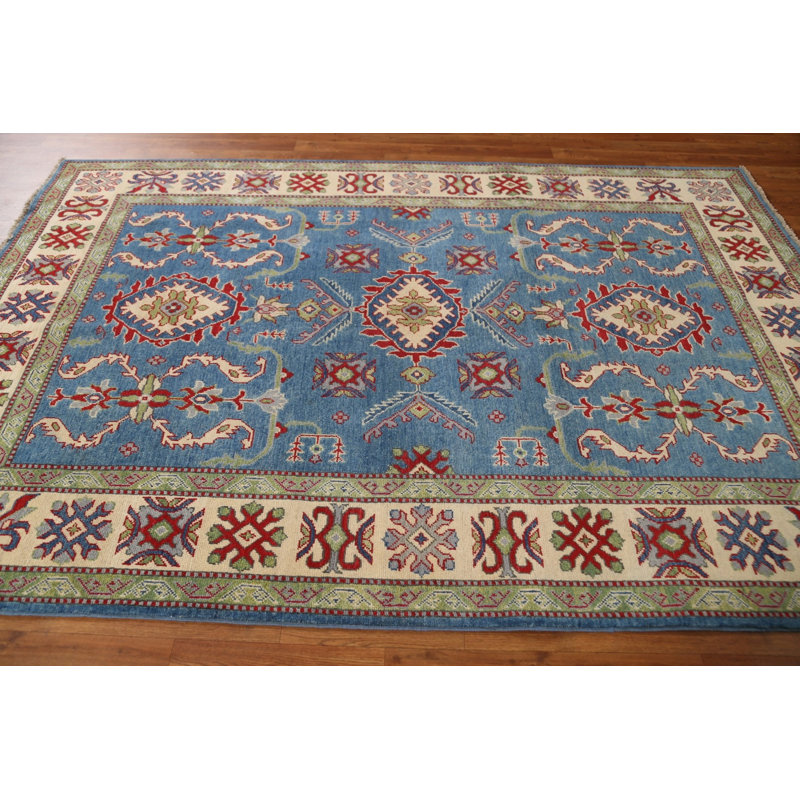 Tapis unique en laine noué à la main 5 pi 9 po x 8 pi 5 po nouvel âge bleu / rouge / beige