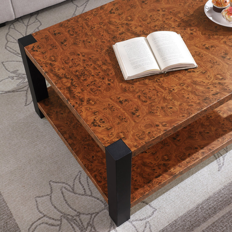 Table basse rectangulaire de 51 pouces de largeur, comptoir en métal grain de bois en loupe, table basse de salon à double couche en métal noir mat