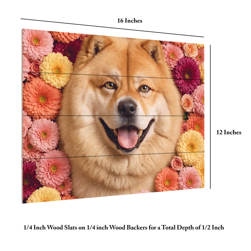 Ben Heine Cute Chowchow Dog With Flowers 4 Wood Slat Art, H 18 po x l 22 po
