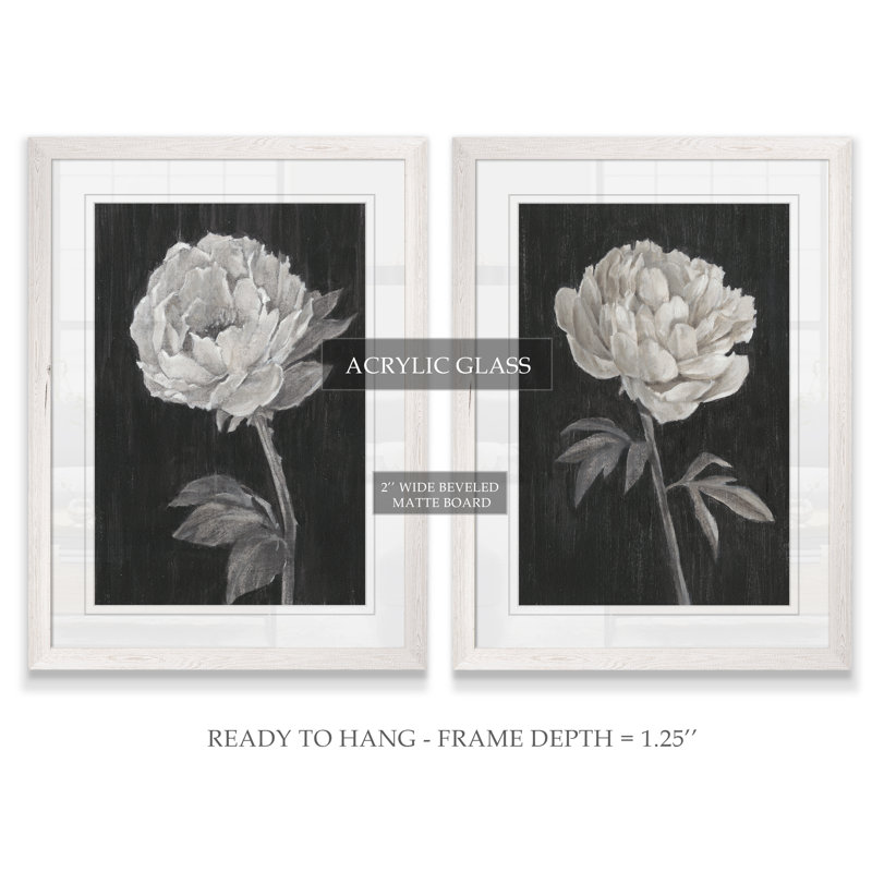 «Black and White Flowers I», ensemble de 2 reproductions d'art encadrées, H 24 po x l 18 po x P 1,25 po, Cadre blanc, Blanc