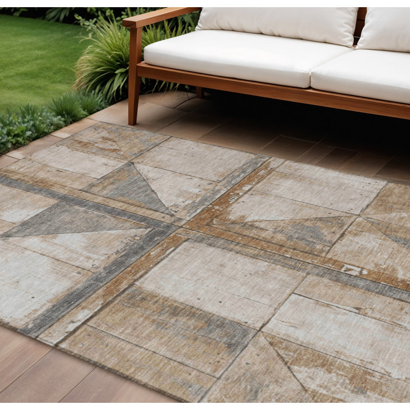 Tapis extérieur lavable à motifs géométriques cuivre et gris 8 pi x 10 pi