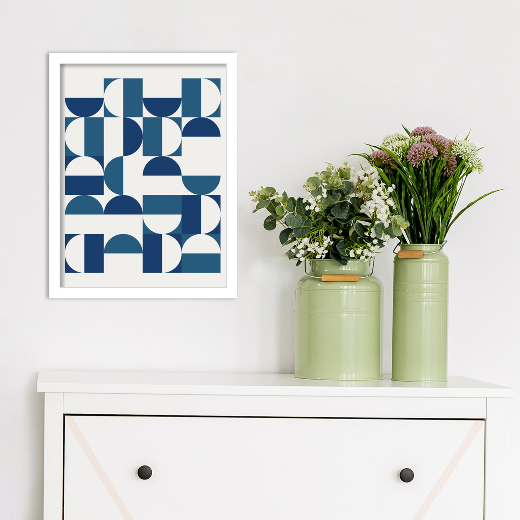 Bauhaus Inspired Geometric 1 N Blue And Teal by The Creative Bunch Studio, 41" H x 31" W x 1" D, White