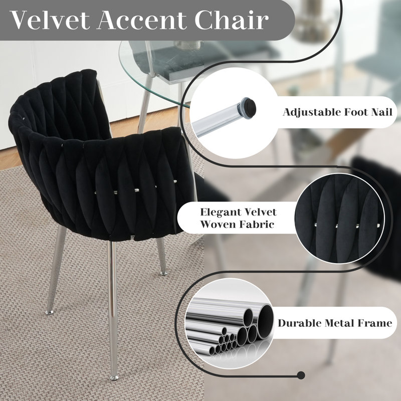 Modern Round Tempered Glass Pedestal Dining Set with Velvet Woven Dininig Chair, Black/Silver, White/Silver