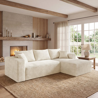 Modular Sectional Couch Corduroy Compression Sofa With Pocket Spring, Modern Deep Seat Convertible Sleeper Sofa Bed，Upholstered Couches For Living Room Beige