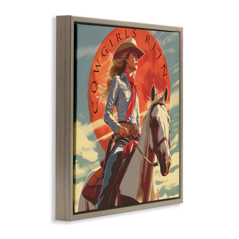 «Cowgirls Rein», art mural encadré sur toile flottante par Steve Hunziker, H 18 po x l 18 po, Cadre flottant orme Montalcino