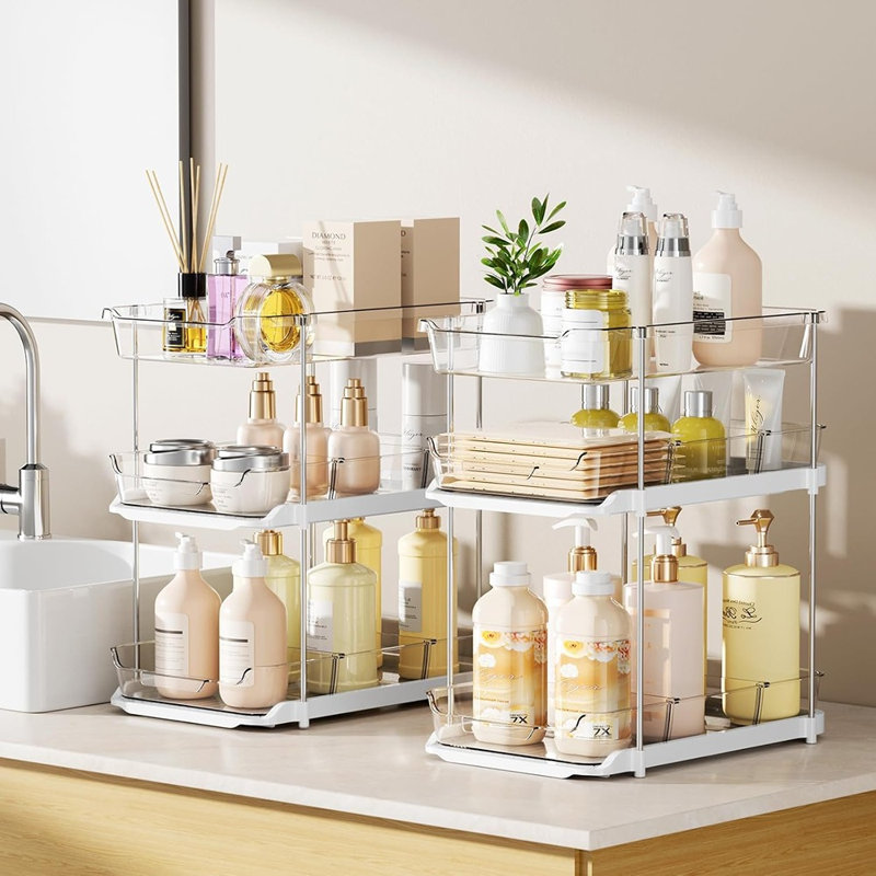 Ensemble de 2 ensembles de rangement de salle de bain - Rangement sous évier empilable à 3 niveaux avec tiroirs et séparateurs, organisateur d'armoire polyvalent pour la cuisine et le garde-manger