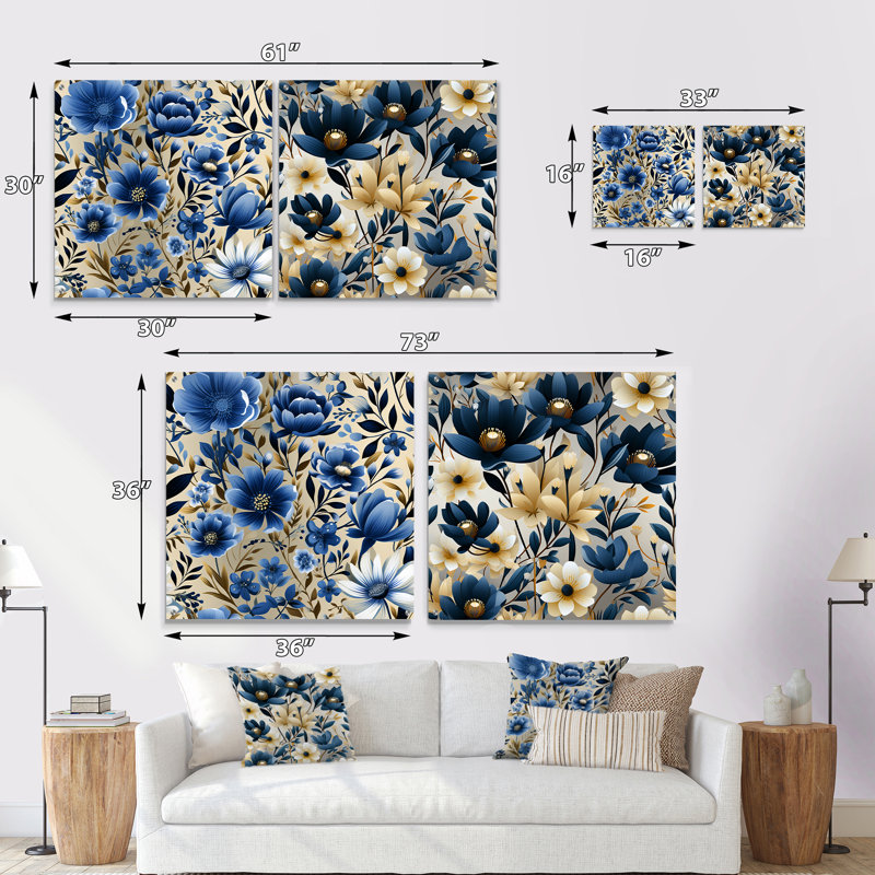 Motif floral scandinave bleu - ensemble de 2 peintures murales en acrylique, H 36 po x l 73 po