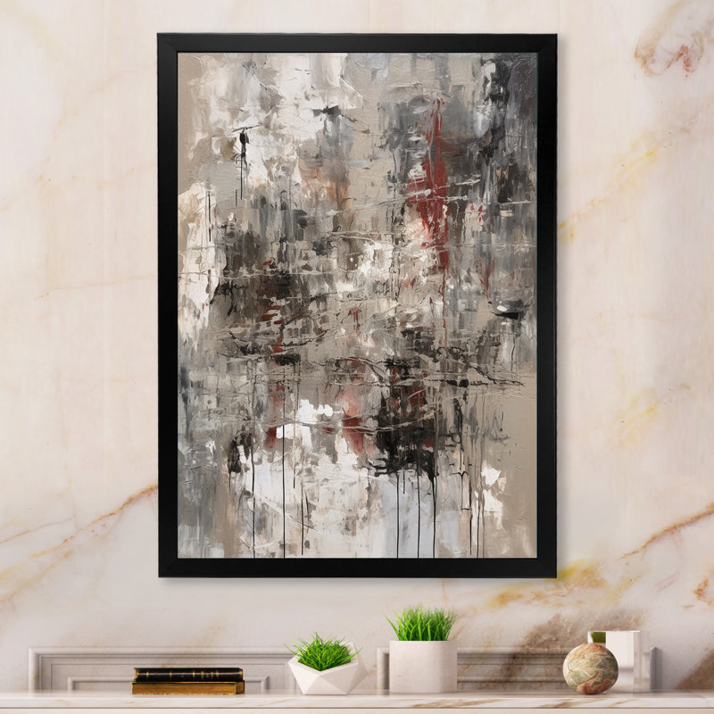 Abstrait chagrin orageux gris et beige - peinture abstraite murale, salon, H 44 po x l 34 po x P 1,5 po, Cadre simple noir