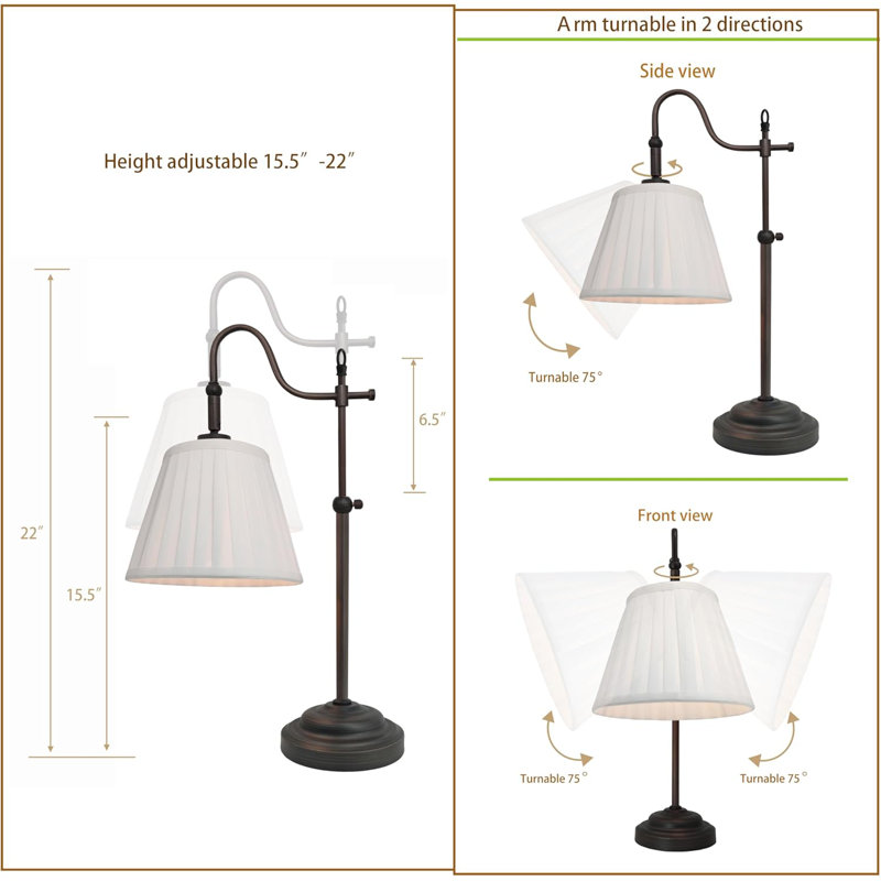 Farmhouse Table Lamp Rustic Adjustable With Pleated Shade E26