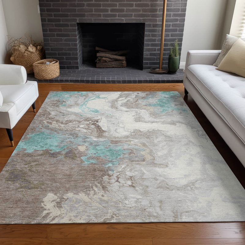 Tapis bleu sarcelle lavable à la machine intérieur / extérieur Xhevrie, Rectangle 10 pi x 14 pi