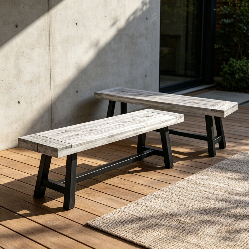 Banc de salle à manger en bois d'acacia avec cadre en métal noir rustique, Grey+Black-2pieces
