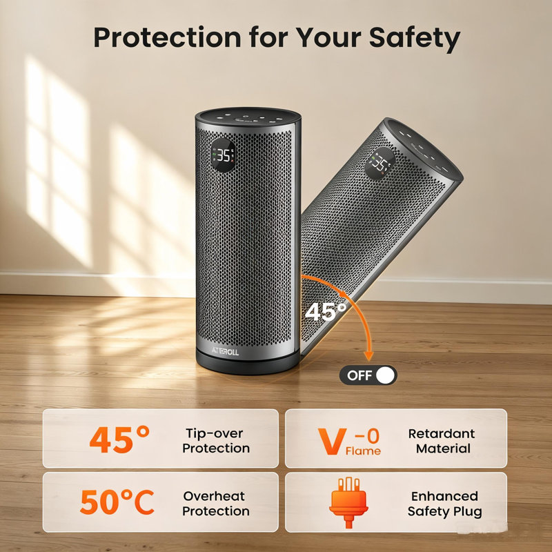 Ateroll 2000W PTC tower fan heater with remote, ECO thermostat and 12-hour timer