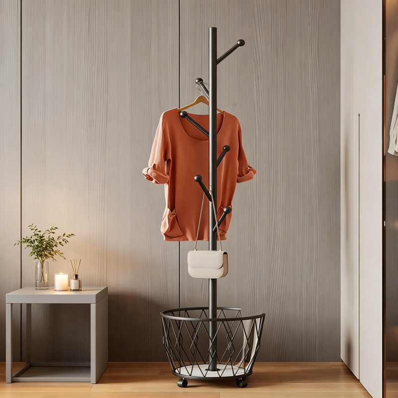 Portemanteau autoportant en métal avec panier, 6 crochets doubles, pivotant à 360 °, stable et mobile pour le vestibule, la chambre à coucher, le coin