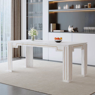 Marble Patterned MDF Spliced Tabletop Dining Table With Grooved Legs Design. Home Dining Table, Suitable For 6-8 People. Flexible Adaptation To Restaurants, Living Rooms, Etc.