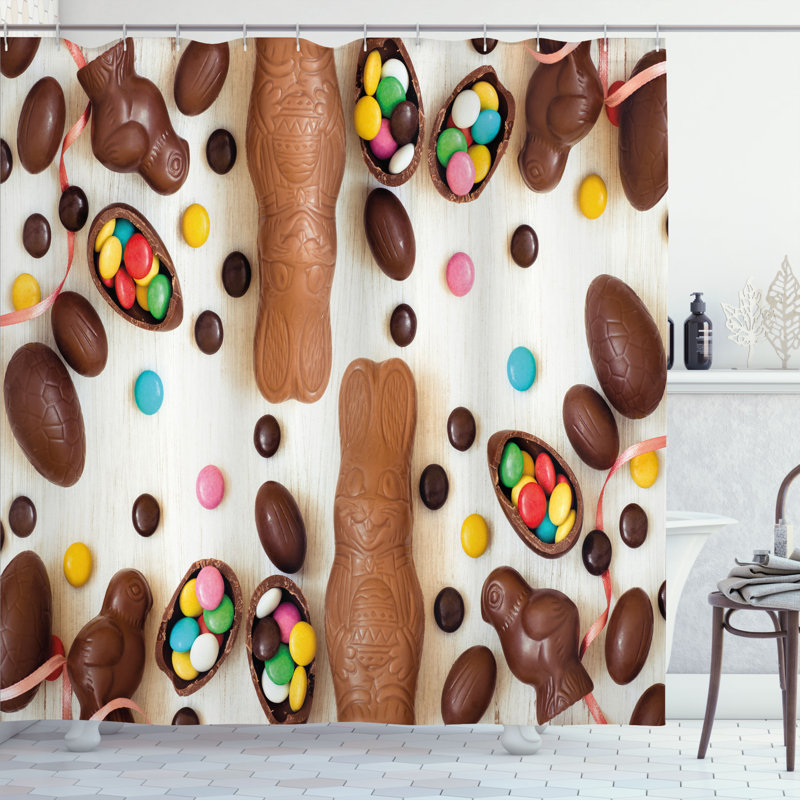East Urban Home Easter Bunny Shower Curtain Choco Rabbits, 70"H x 69"W