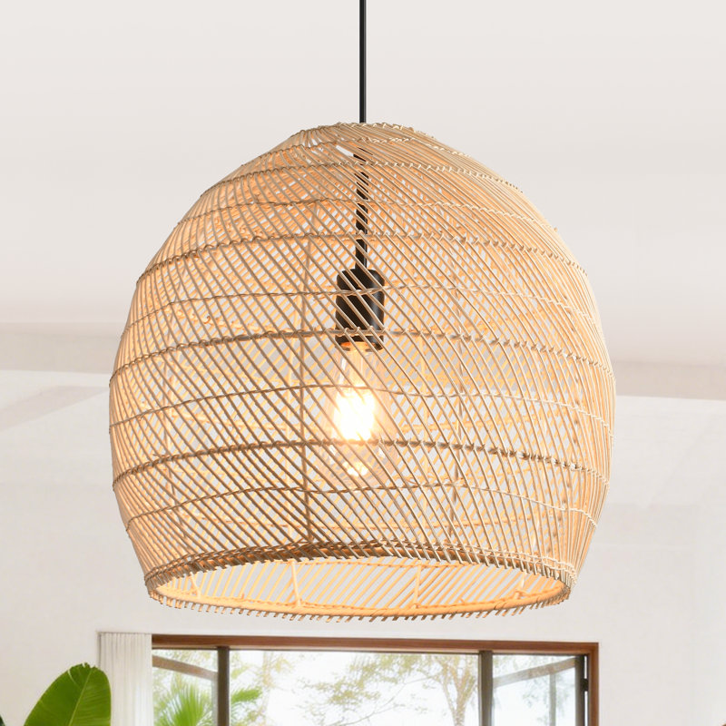 Rattan Pendant Light, Natural Wicker Shade, Iron Frame, Adjustable Height, E27 Socket, 40 Cm Diameter, For Dining Room Hallway (Bulb Not Included)