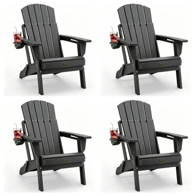 All Weather HDPE Folding Outdoor Adirondack Chair With Cup Holders Durable Oversized Fire Pit Chair Easy Assembly Easy Maintenance Patio Lawn Chair With 380Lbs Load Bearing For Porch, Garden, Backyard, Patio, Deck, Fire Pit, Gray（set of 4）
