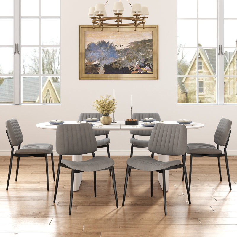 Ensemble de salle à manger ovale, table de salle à manger 70 po et chaises rembourrées en lin, Noir, 7 pièces, Gris