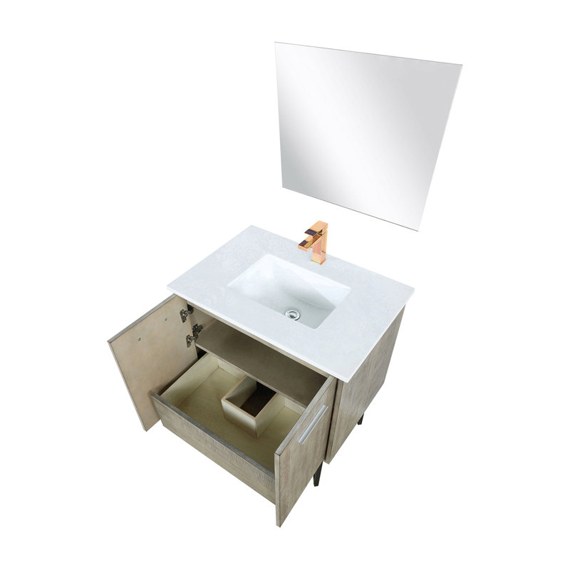 Meuble-lavabo rustique de 76 cm de large avec comptoir en marbre reconstitué de 51 cm de profondeur, robinet en or rose, miroir de 71 cm et finition anti-rayures pour une salle de bain élégante.