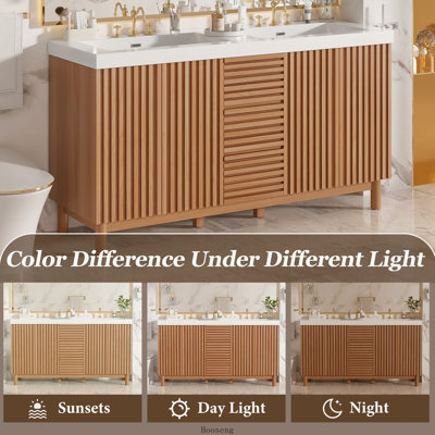 59 Inch Bathroom Vanity with SMC Resin Double Sink, MDF Cabinet with Solid Wood Legs and Soft-Close Hinges